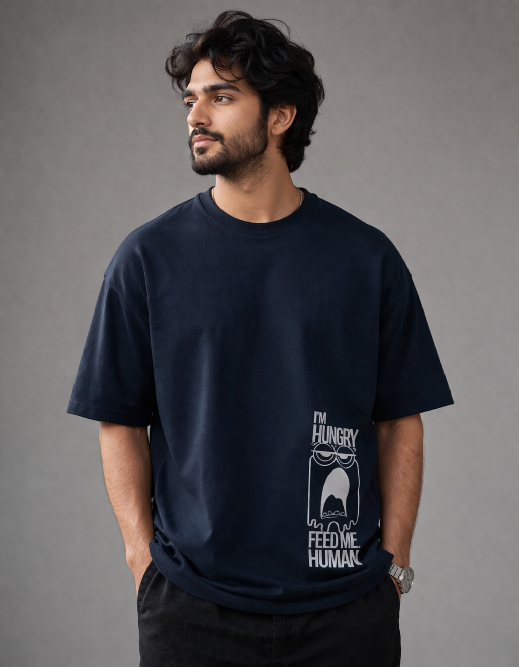 HUNGRY Navy Blue Oversized Graphic Printed T-shirt