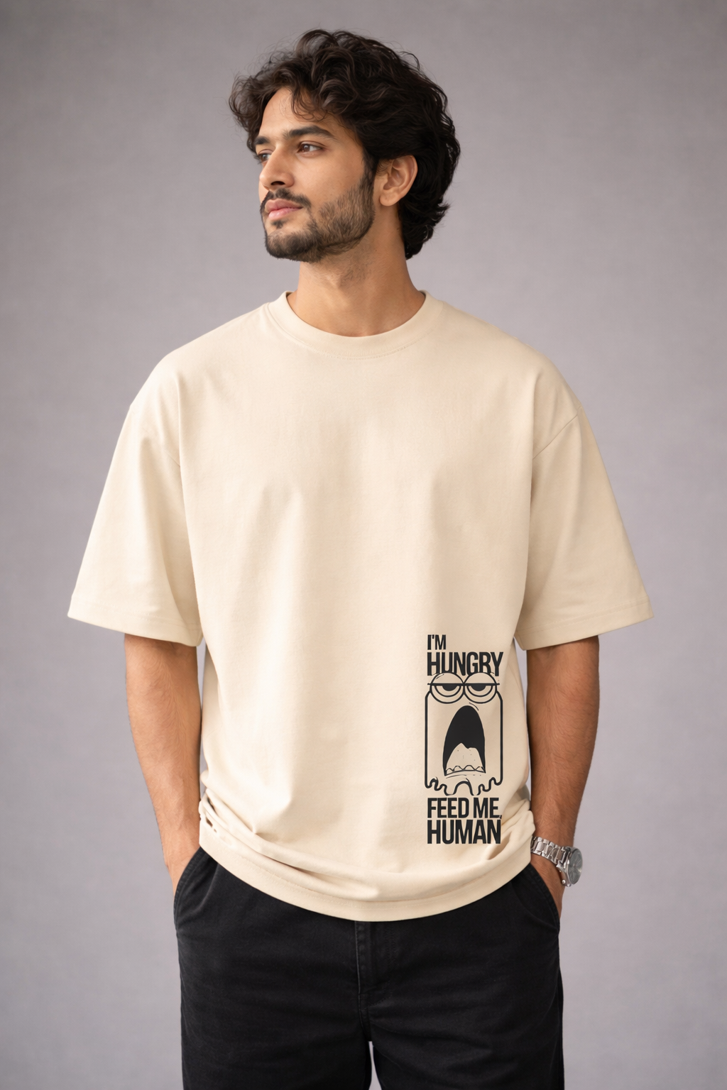 HUNGRY Yellow Oversized Graphic Printed T-shirt