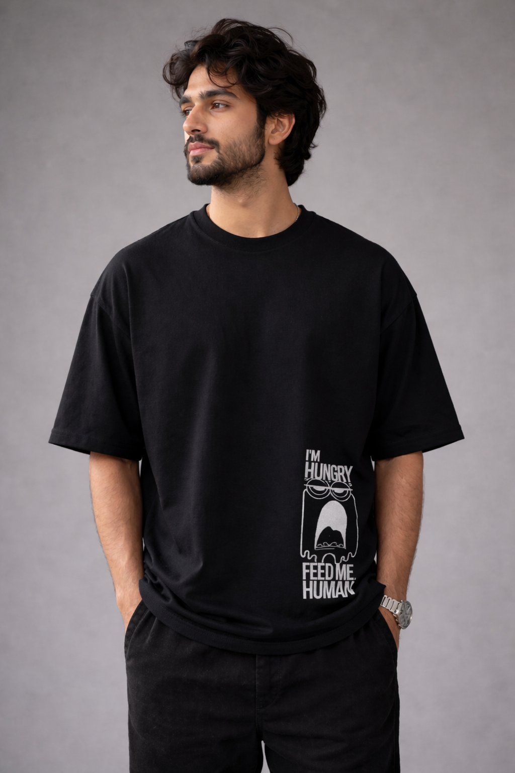 HUNGRY Black Oversized Graphic Printed T-shirt