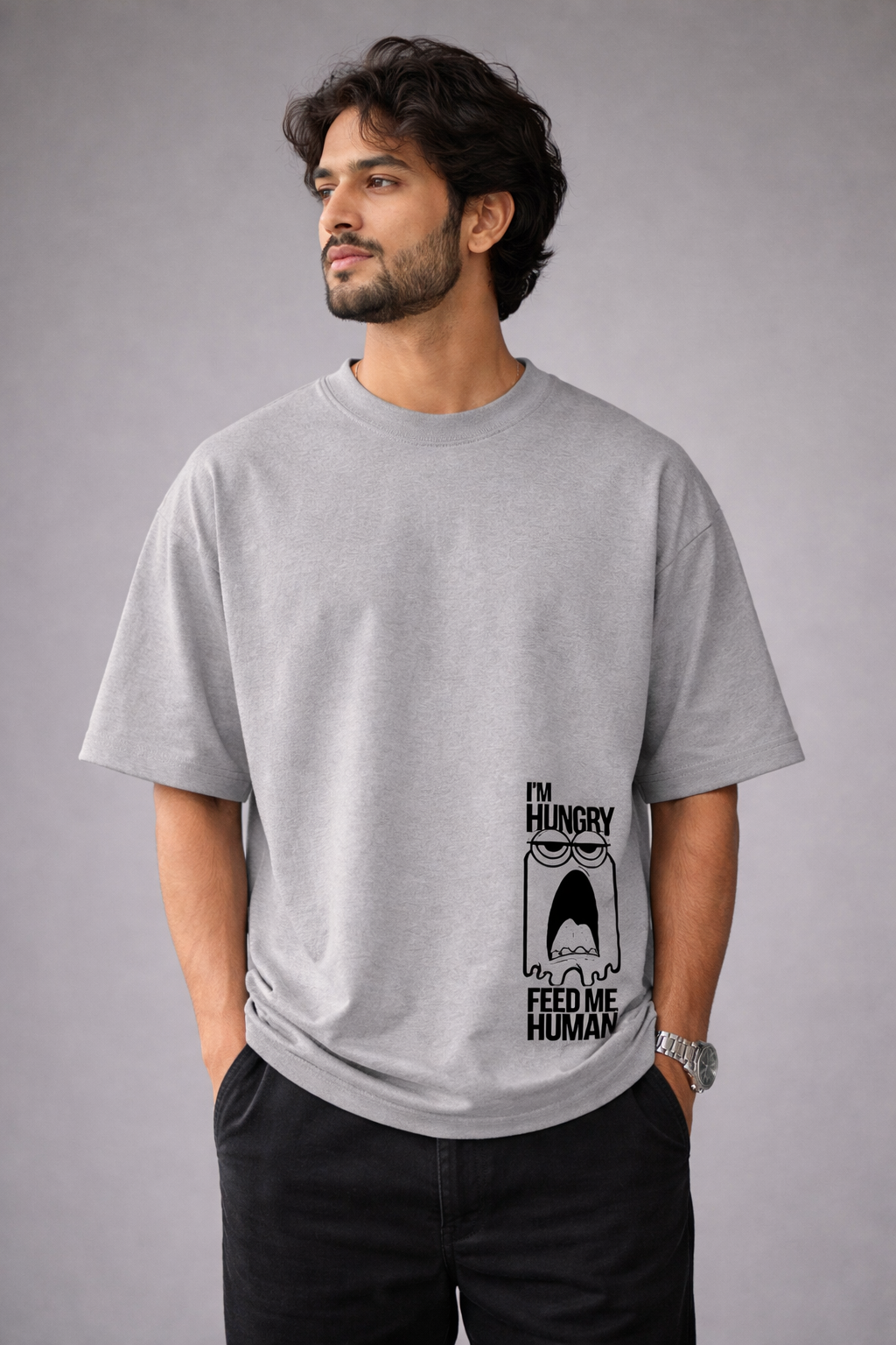 HUNGRY Grey Oversized Graphic Printed T-shirt