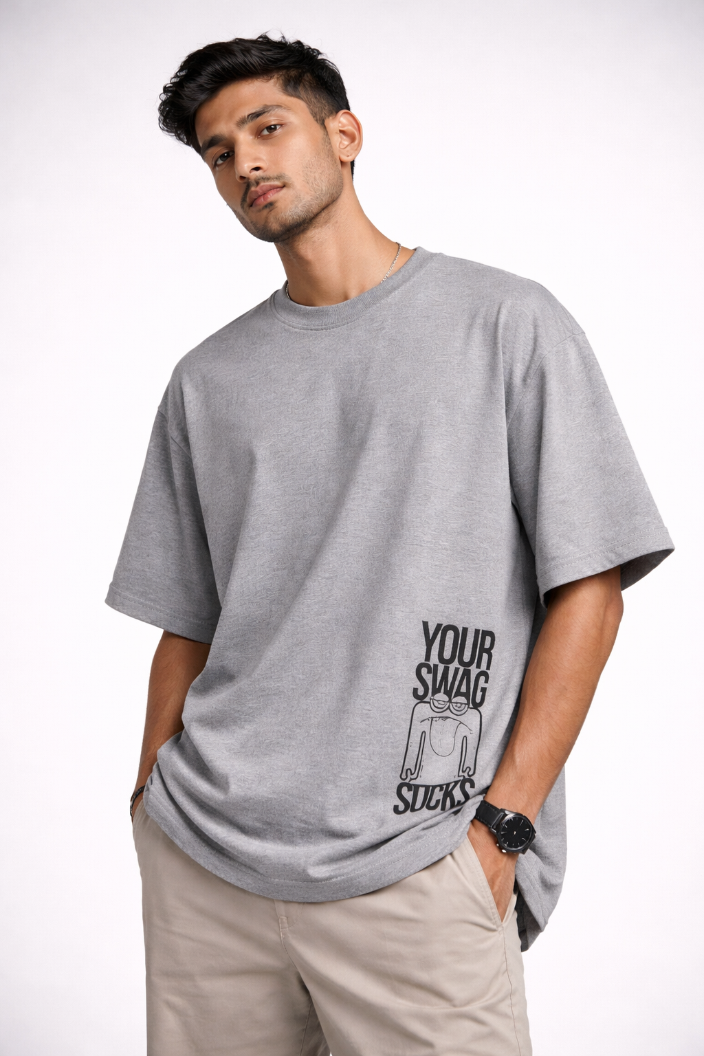Swag Grey Oversized Graphic Printed T-shirt