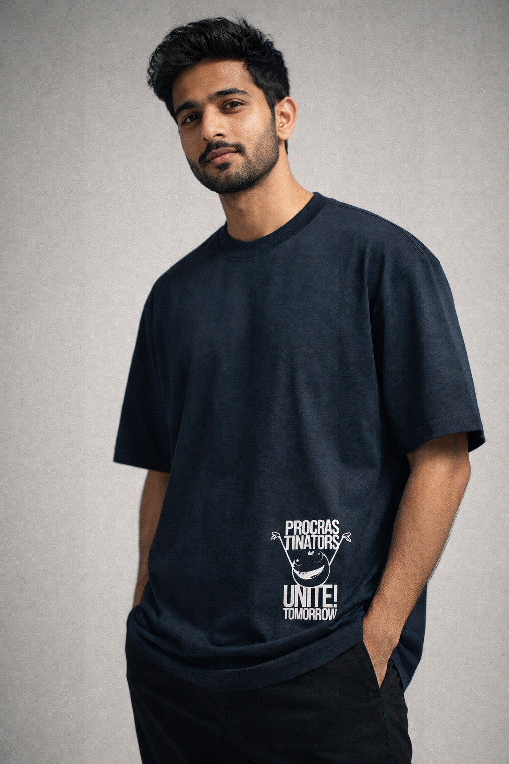 Progress Navy Blue Oversized Graphic Printed T-shirt