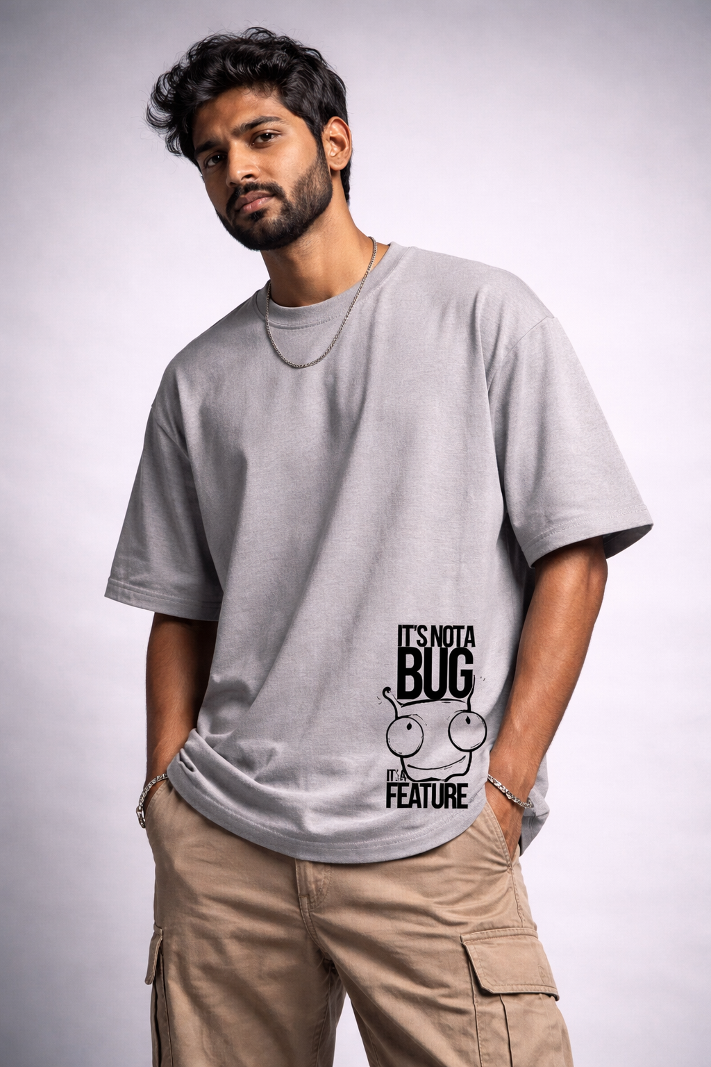 Bug Grey Oversized Graphic Back Printed T-shirt