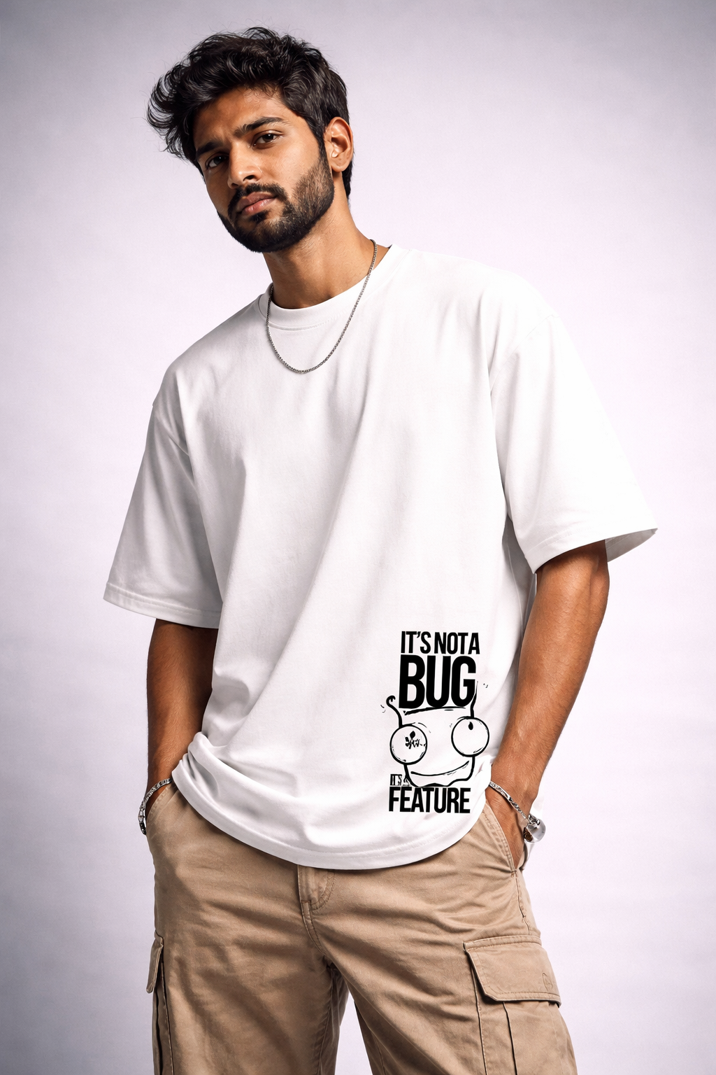 Bug White Oversized Graphic Back Printed T-shirt